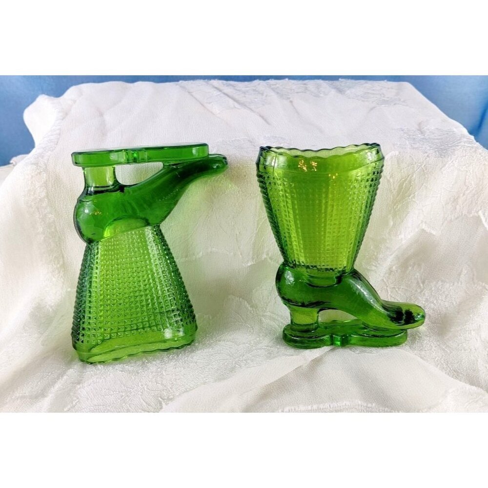 LE Smith Ice Skate Boots Pair Green Pressed Glass Vase Toothpick Holder 3.5" MCM